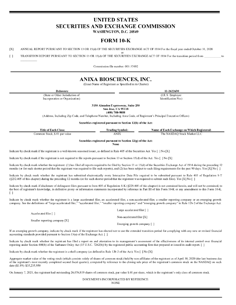 Anixa Biosciences, Inc.（ANIX）2020财年年度报告（英文版）