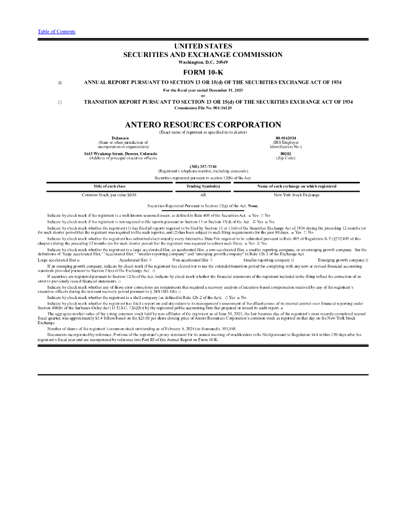 Antero Resources Corp（AR）2023财年年度报告（英文版）