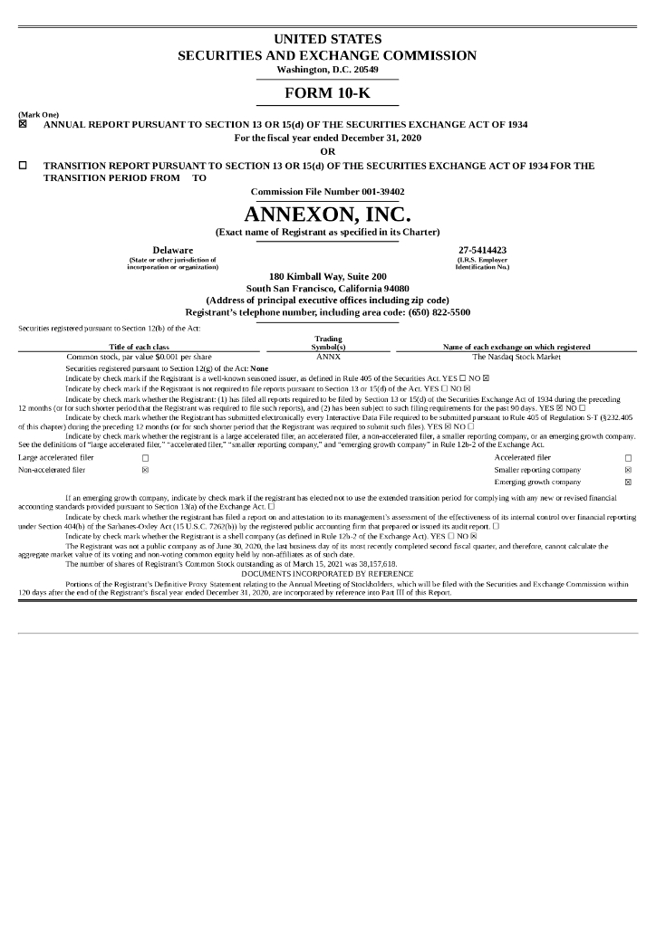 Annexon Biosciences（ANNX）2020财年年度报告（英文版）