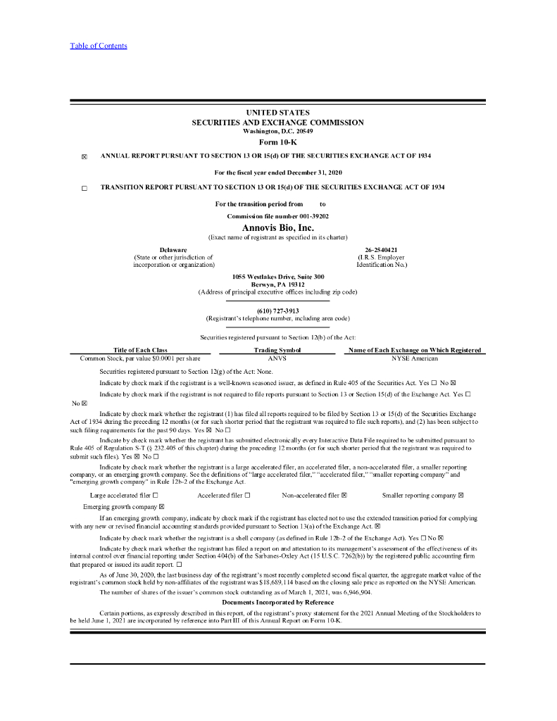 Annovis Bio, Inc.（ANVS）2020财年年度报告（英文版）