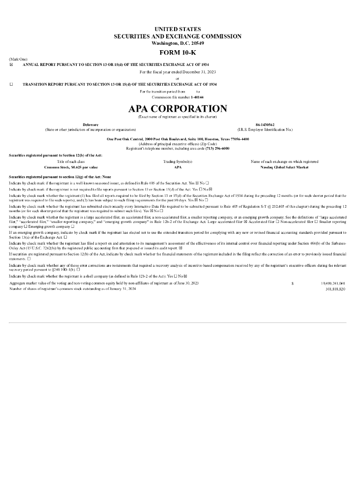 APA Corporation（APA）2023财年年度报告（英文版）