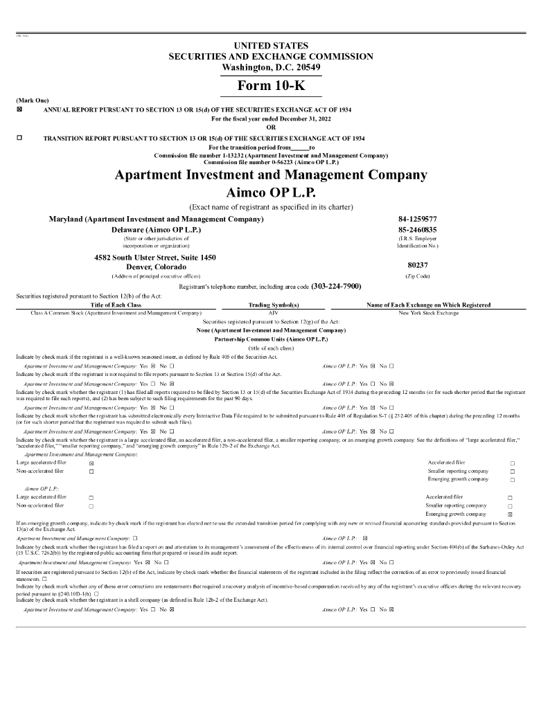 Apartment Investment and Management Company（AIV）2022财年年度报告（英文版）