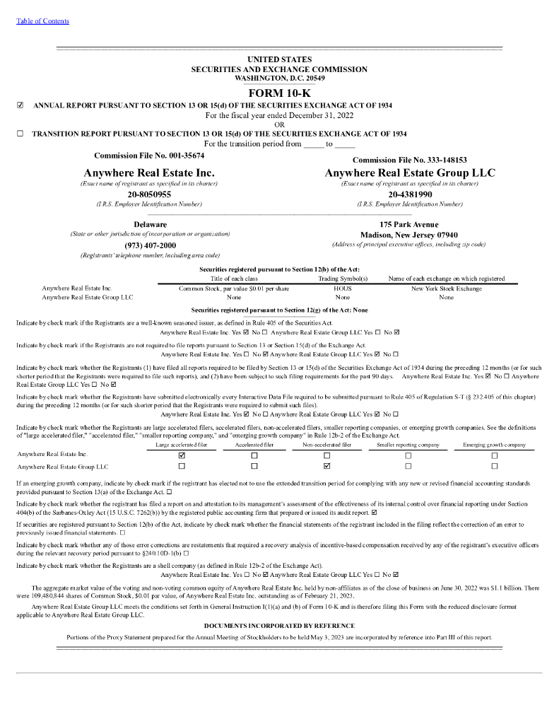 Anywhere Real Estate Inc.（HOUS）2022财年年度报告（英文版）