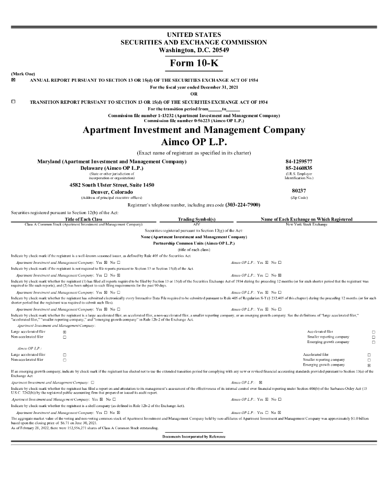Apartment Investment and Management Company（AIV）2021财年年度报告（英文版）
