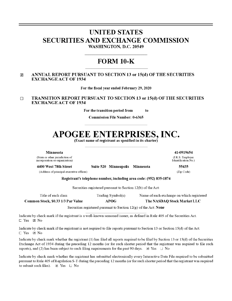Apogee Enterprises, Inc.（APOG）2020财年年度报告（英文版）