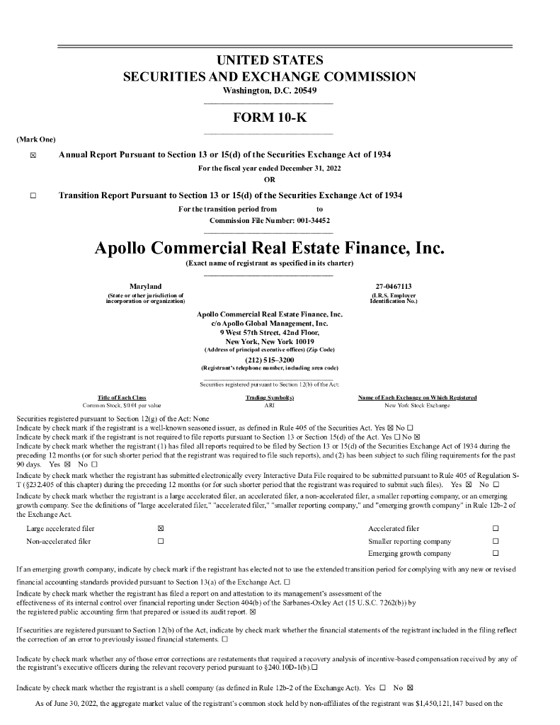 Apollo Commercial Real Estate Finance, Inc.（ARI）2022财年年度报告（英文版）