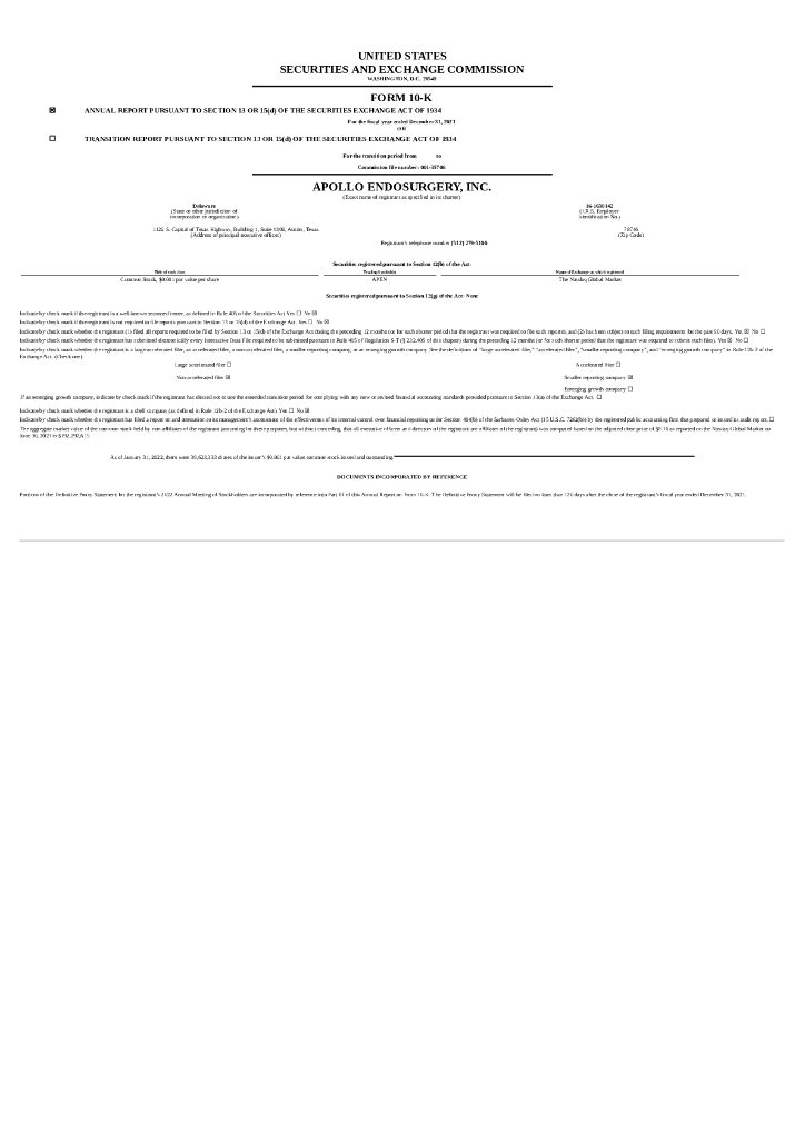 Apollo Endosurgery, Inc.（APEN）2021财年年度报告（英文版）