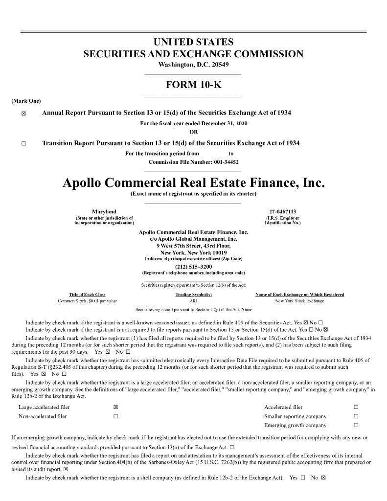 Apollo Commercial Real Estate Finance, Inc.（ARI）2020财年年度报告（英文版）