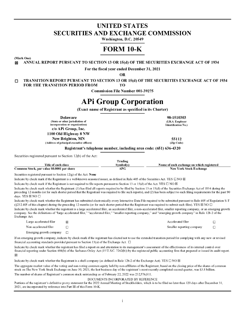 APi Group Corporation（APG）2021财年年度报告（英文版）