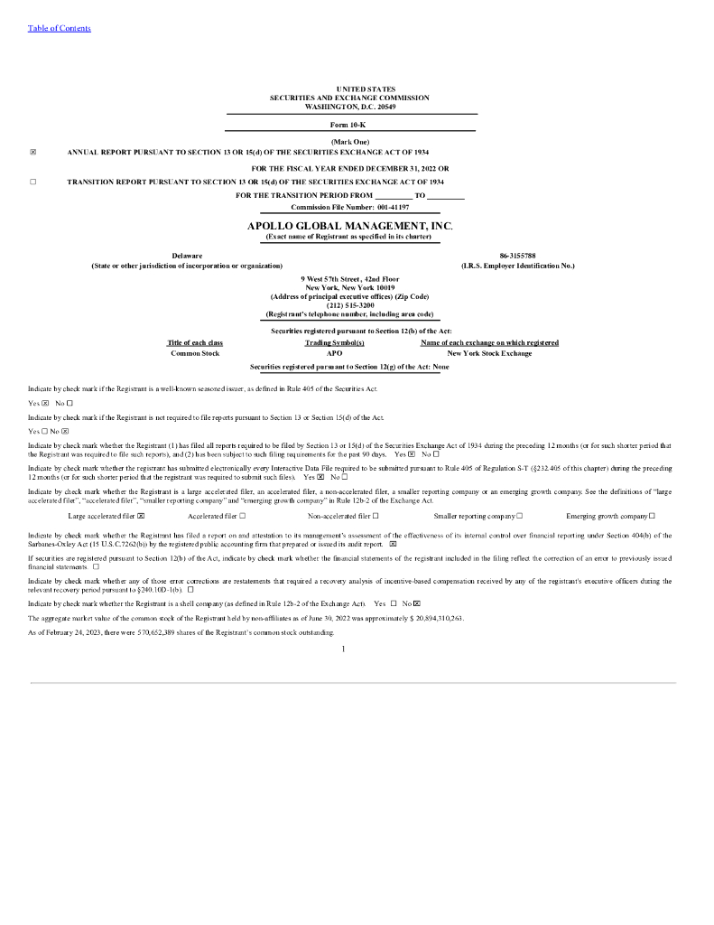 Apollo Global Management, LLC（APO）2022财年年度报告（英文版）