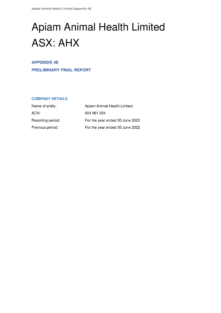Apiam Animal Health Limited（AHX）2023财年年度报告（英文版）