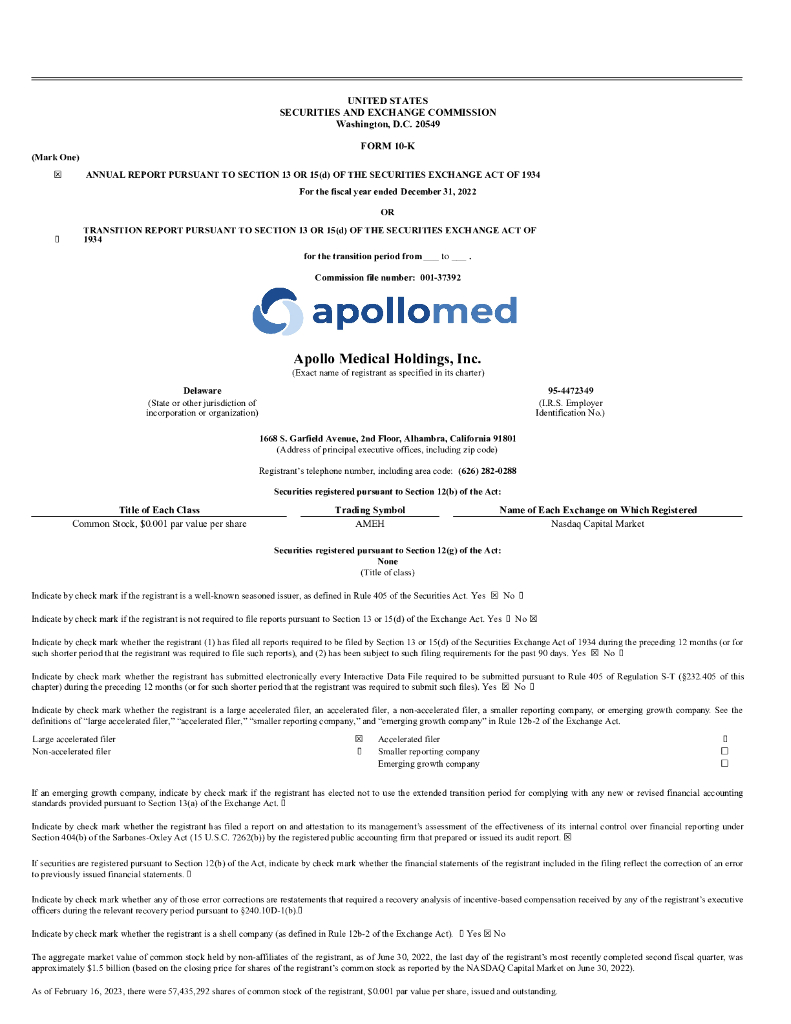 Apollo Medical Holdings, Inc.（AMEH）2022财年年度报告（英文版）