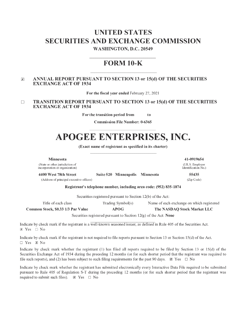 Apogee Enterprises, Inc.（APOG）2021财年年度报告（英文版）