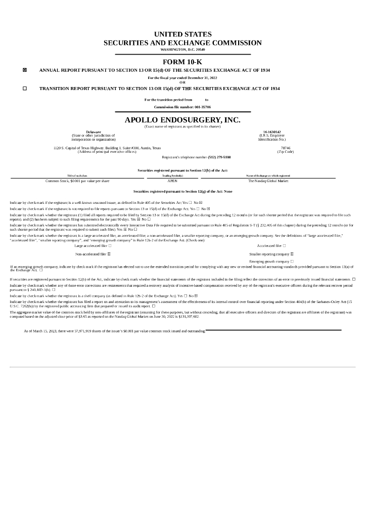 Apollo Endosurgery, Inc.（APEN）2022财年年度报告（英文版）