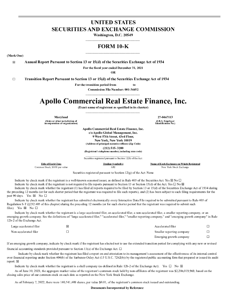 Apollo Commercial Real Estate Finance, Inc.（ARI）2021财年年度报告（英文版）