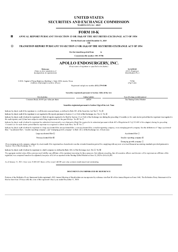 Apollo Endosurgery, Inc.（APEN）2020财年年度报告（英文版）