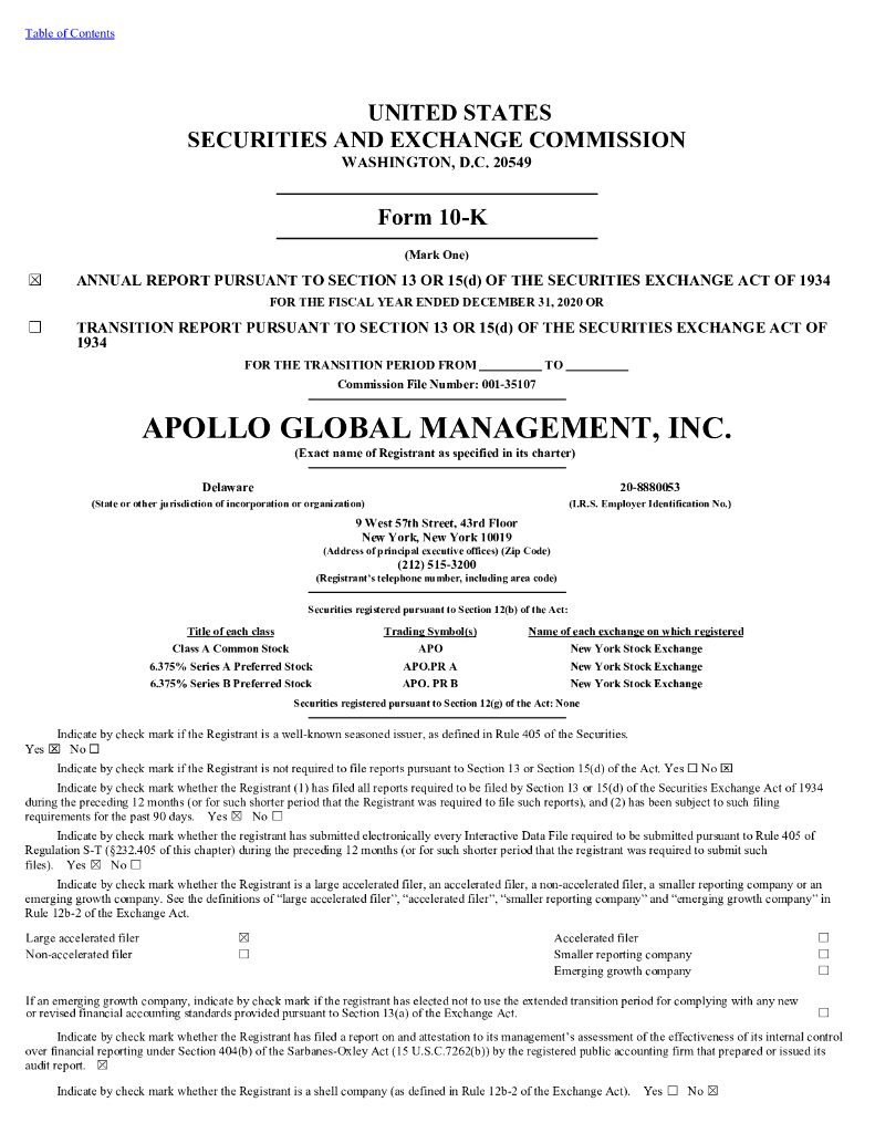 Apollo Global Management, LLC（APO）2020财年年度报告（英文版）
