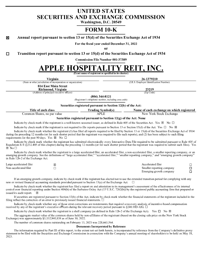 Apple Hospitality REIT Inc（APLE）2022财年年度报告（英文版）