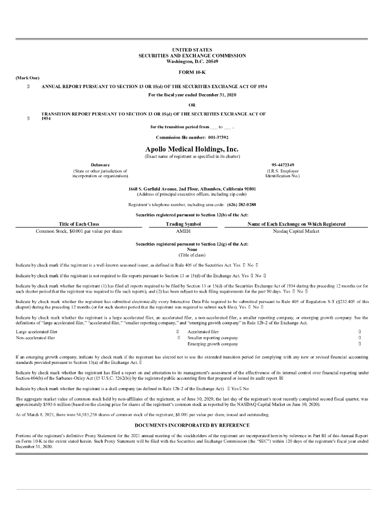 Apollo Medical Holdings, Inc.（AMEH）2020财年年度报告（英文版）
