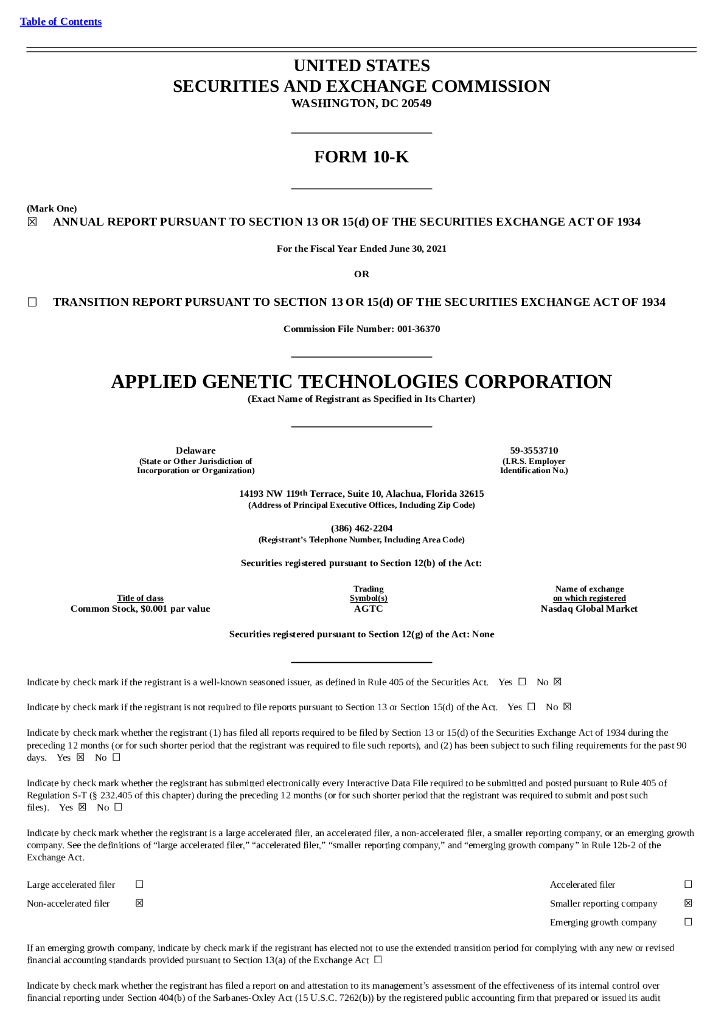 Applied Genetic Technologies Corp（AGTC）2021财年年度报告（英文版）