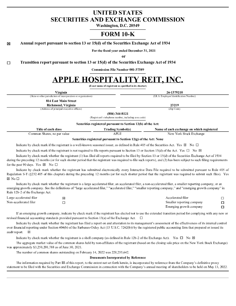 Apple Hospitality REIT Inc（APLE）2021财年年度报告（英文版）