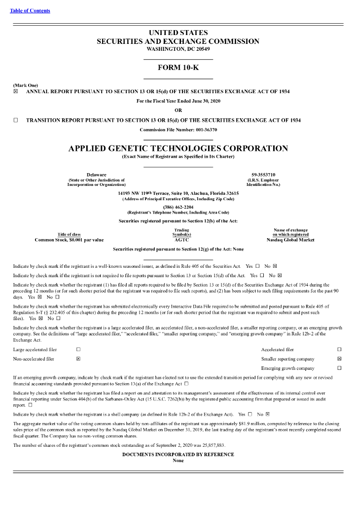 Applied Genetic Technologies Corp（AGTC）2020财年年度报告（英文版）
