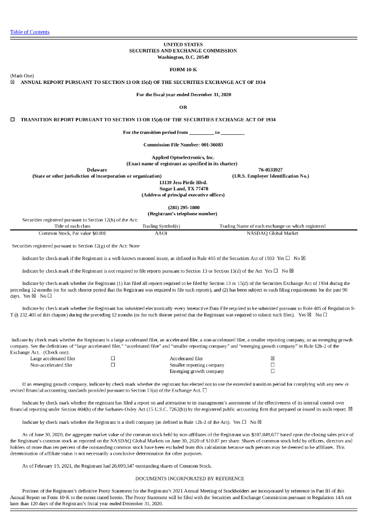 Applied Optoelectronics Inc（AAOI）2020财年年度报告（英文版）