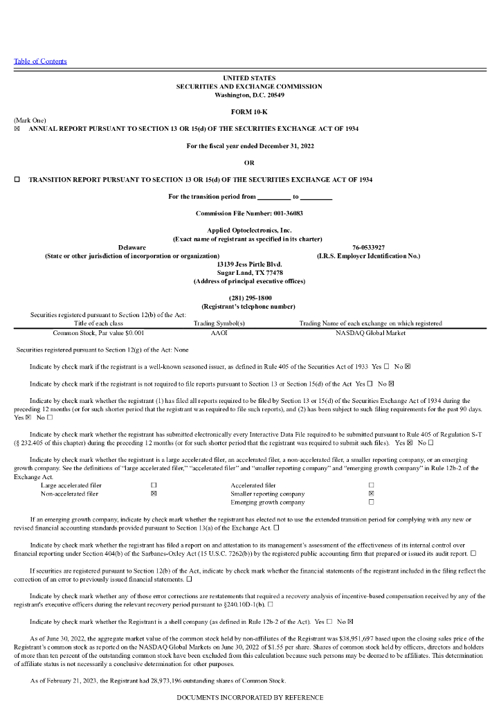 Applied Optoelectronics Inc（AAOI）2022财年年度报告（英文版）