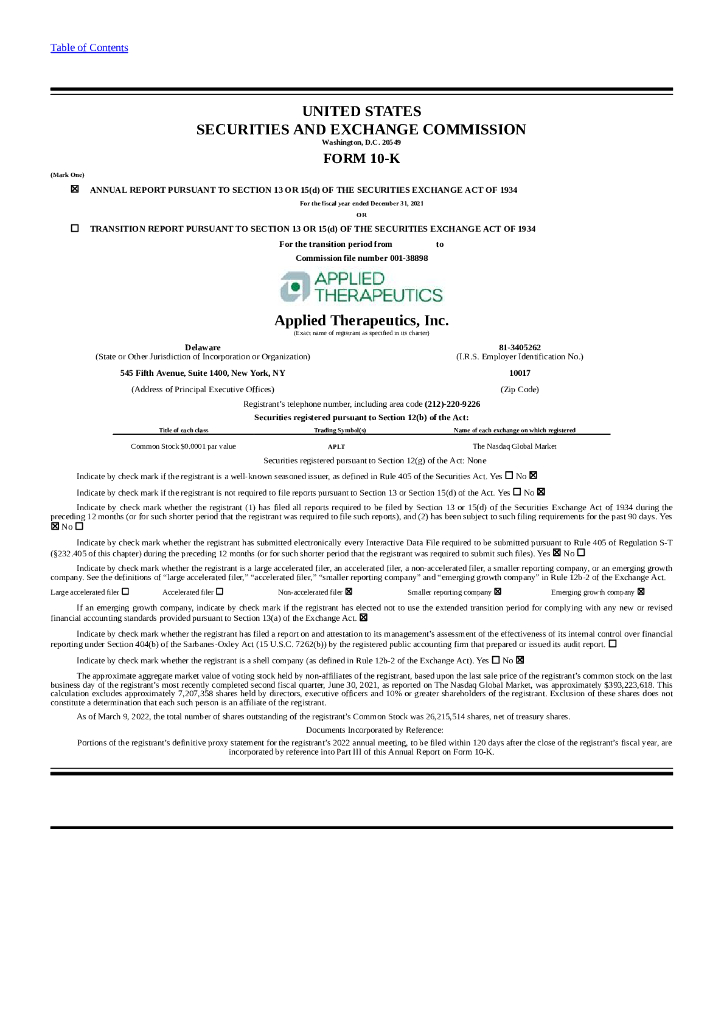 Applied Therapeutics, Inc.（APLT）2021财年年度报告（英文版）