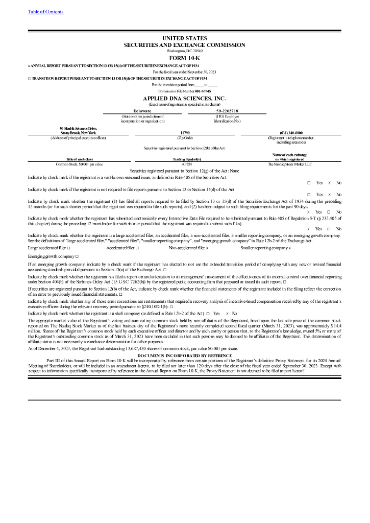 Applied DNA Sciences（APDN）2023财年年度报告（英文版）