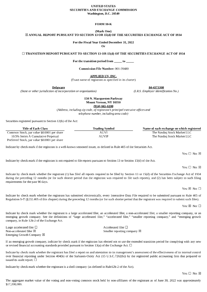 Applied UV, Inc.（AUVI）2022财年年度报告（英文版）