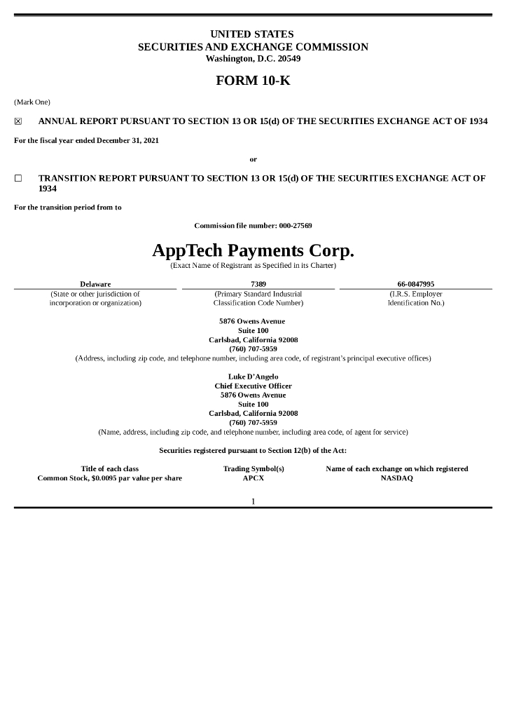 AppTech Payments Corp.（APCX）2021财年年度报告（英文版）