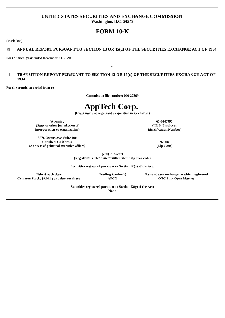 AppTech Payments Corp.（APCX）2020财年年度报告（英文版）