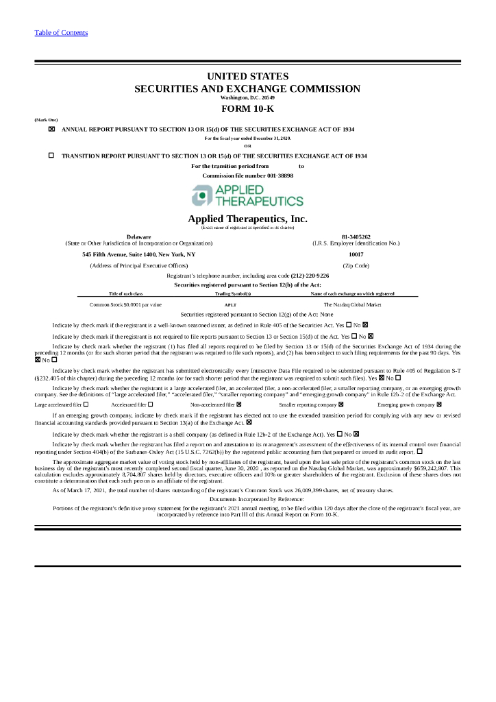 Applied Therapeutics, Inc.（APLT）2020财年年度报告（英文版）