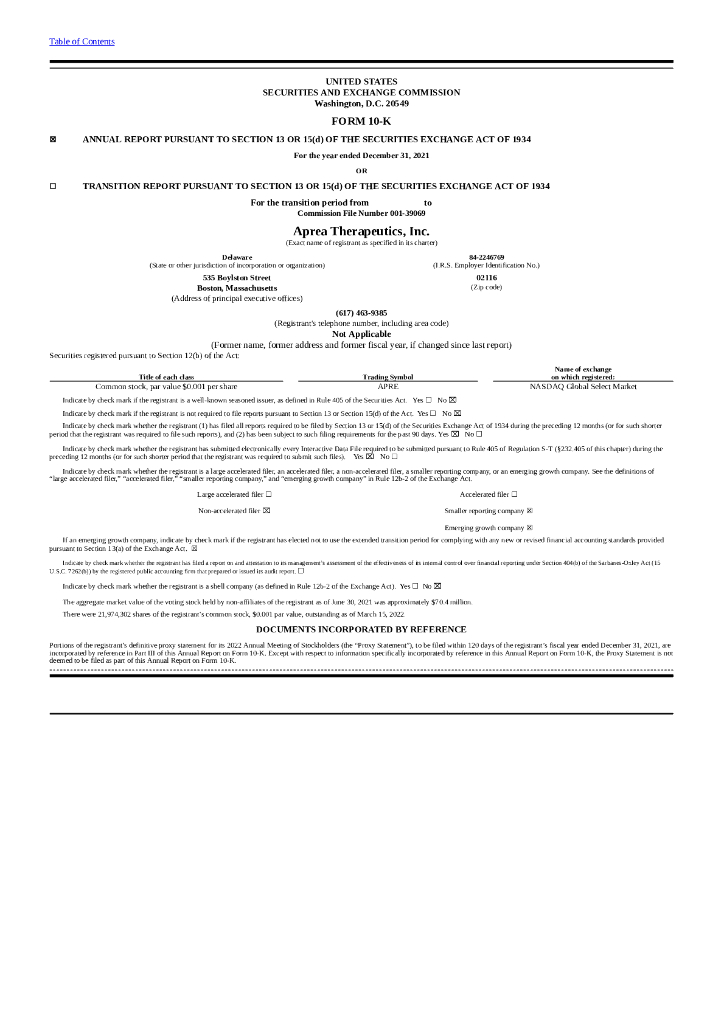 Aprea Therapeutics, Inc.（APRE）2021财年年度报告（英文版）