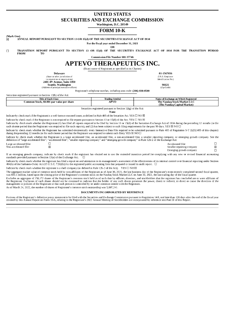 Aptevo Therapeutics Inc.（APVO）2021财年年度报告（英文版）