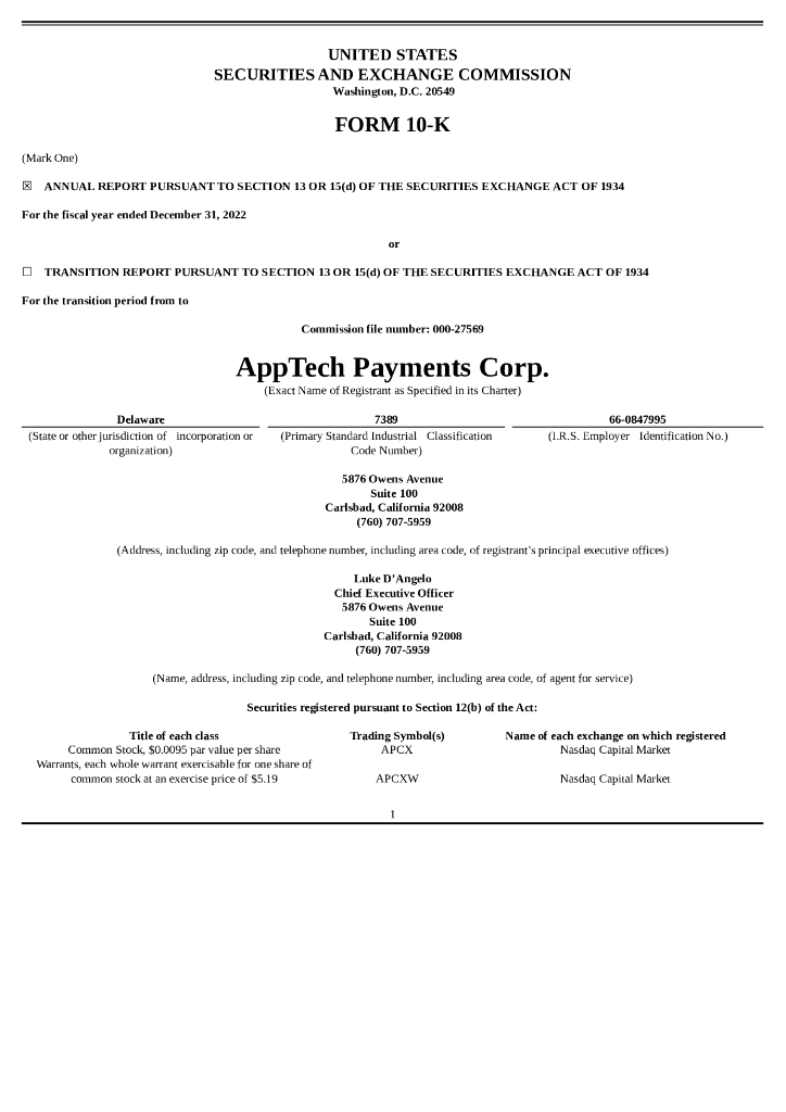 AppTech Payments Corp.（APCX）2022财年年度报告（英文版）