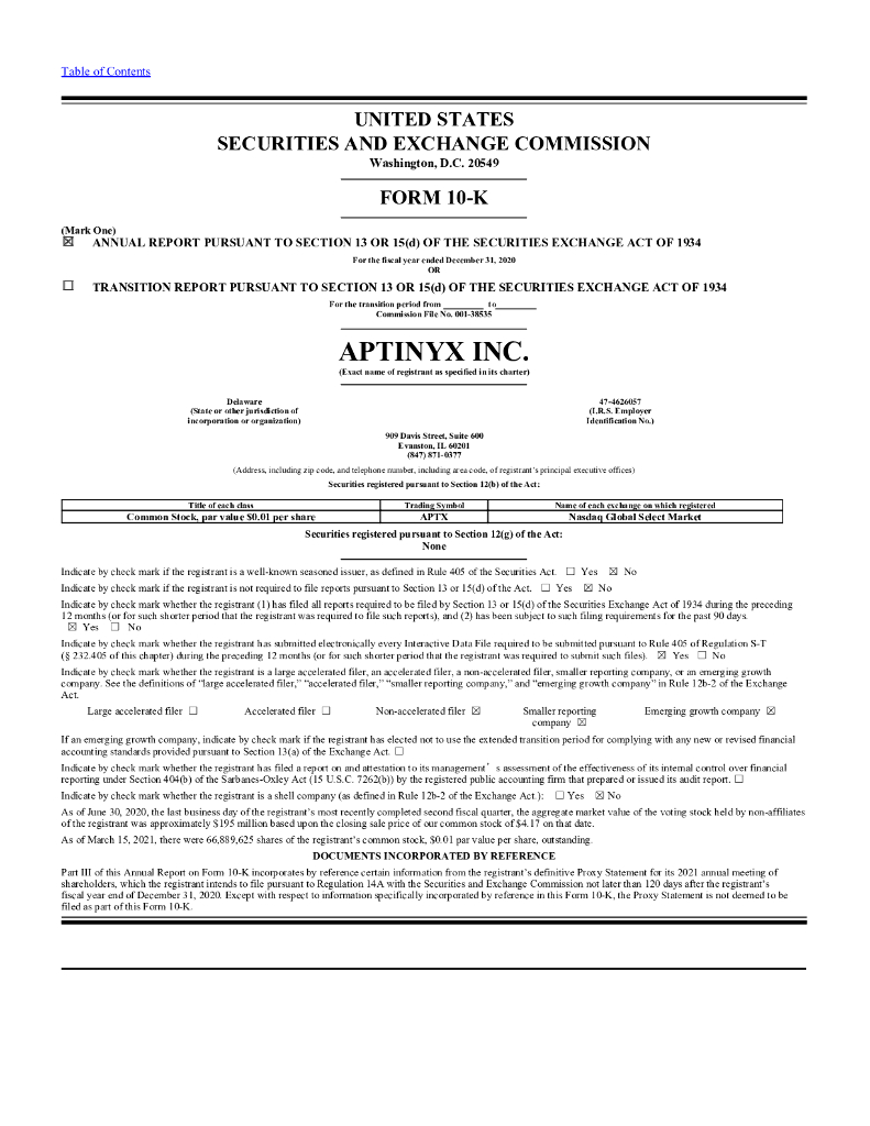 Aptinyx Inc.（APTX）2020财年年度报告（英文版）