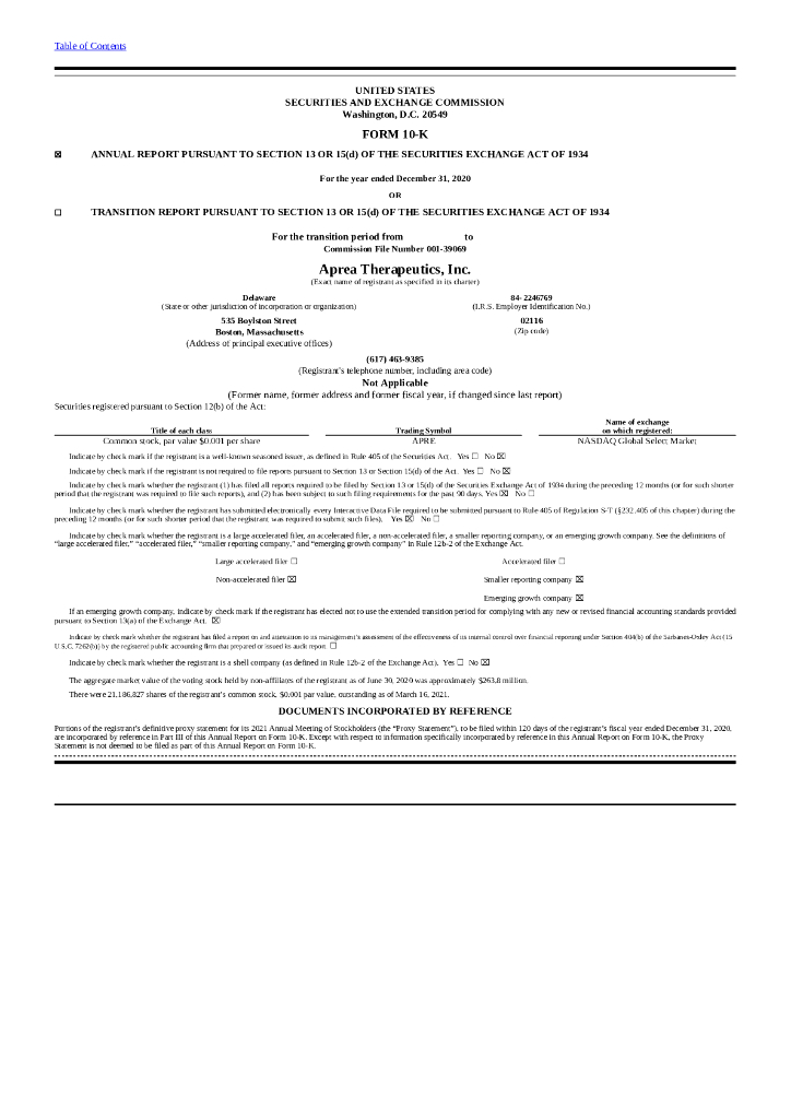 Aprea Therapeutics, Inc.（APRE）2020财年年度报告（英文版）