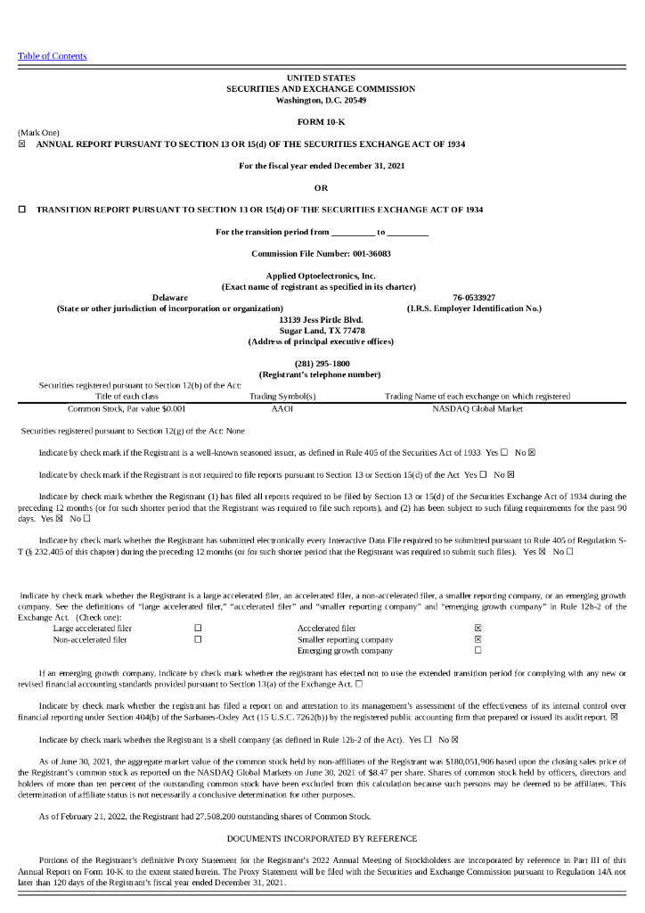 Applied Optoelectronics Inc（AAOI）2021财年年度报告（英文版）