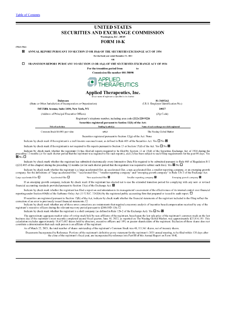 Applied Therapeutics, Inc.（APLT）2022财年年度报告（英文版）