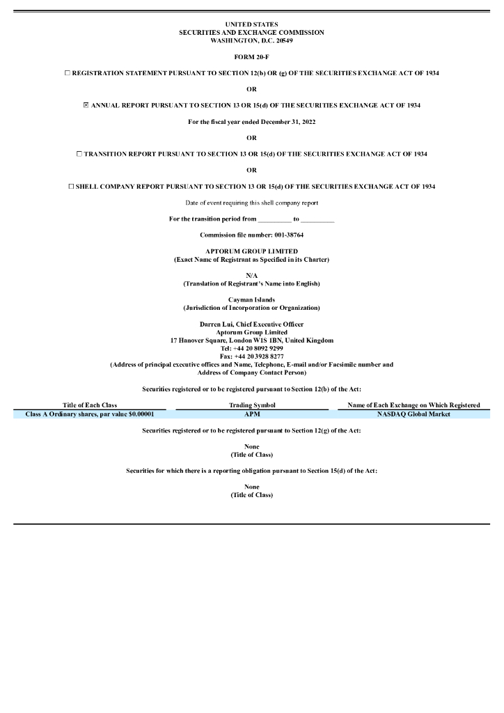 Aptorum Group Limited（APM）2022财年年度报告（英文版）
