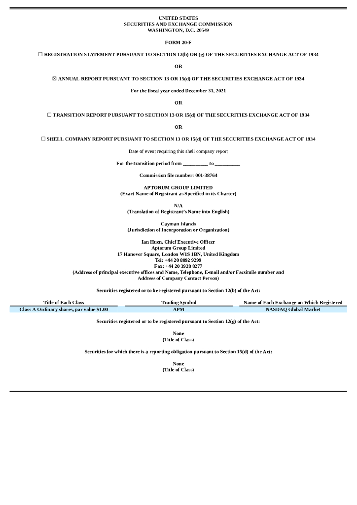 Aptorum Group Limited（APM）2021财年年度报告（英文版）