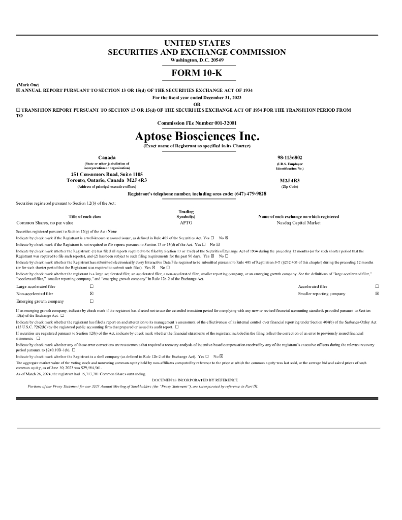Aptose Biosciences Inc.（APS）2023财年年度报告（英文版）