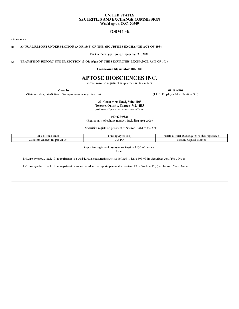 Aptose Biosciences Inc.（APS）2021财年年度报告（英文版）