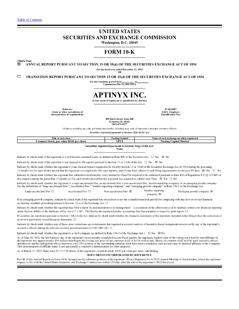 Aptinyx Inc.（APTX）2022财年年度报告（英文版）