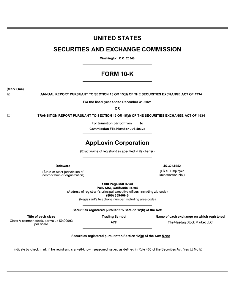 AppLovin Corporation（APP）2021财年年度报告（英文版）