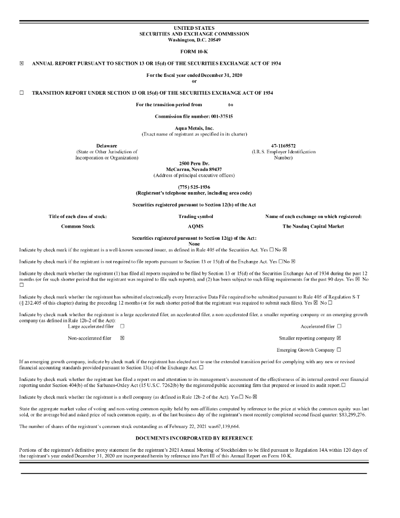 Aqua Metals, Inc.（AQMS）2020财年年度报告（英文版）