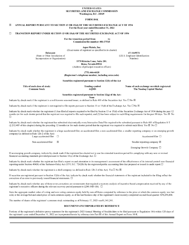 Aqua Metals, Inc.（AQMS）2022财年年度报告（英文版）
