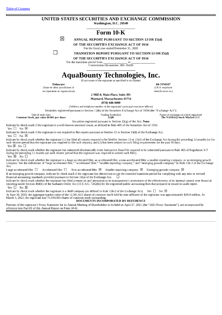 AquaBounty Technologies, Inc.（AQB）2020财年年度报告（英文版）